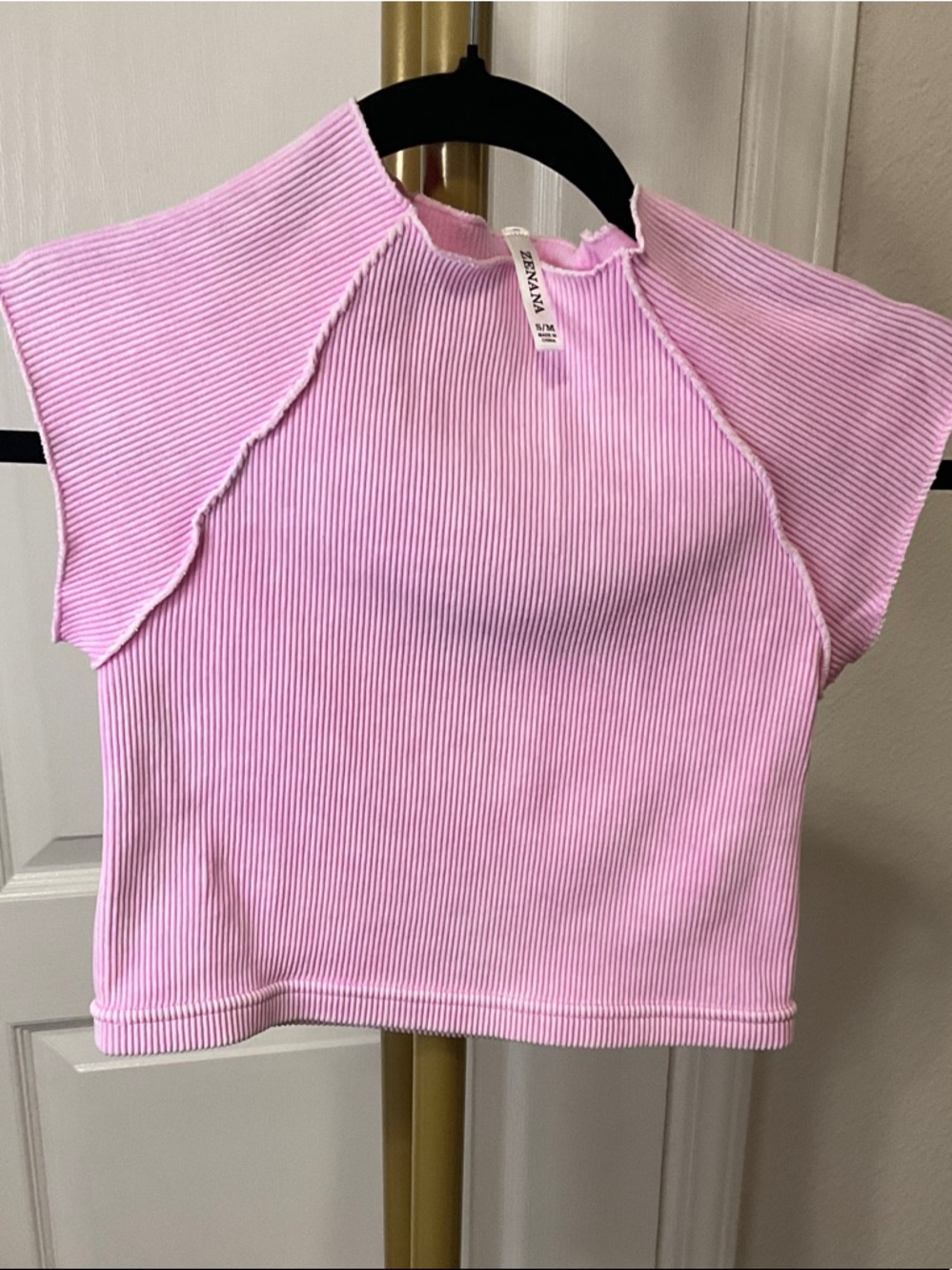 Zenana Soft Pink Ribbed Flutter-Sleeve Top